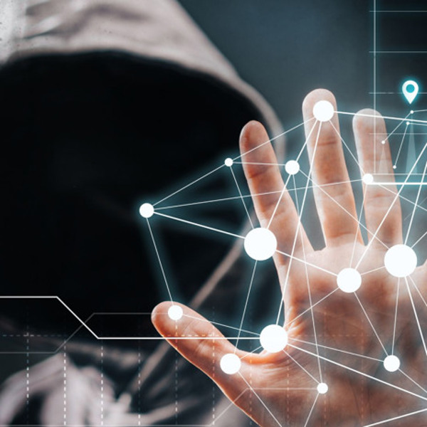 En person i huvtröja håller upp handen mot ett nätverk.